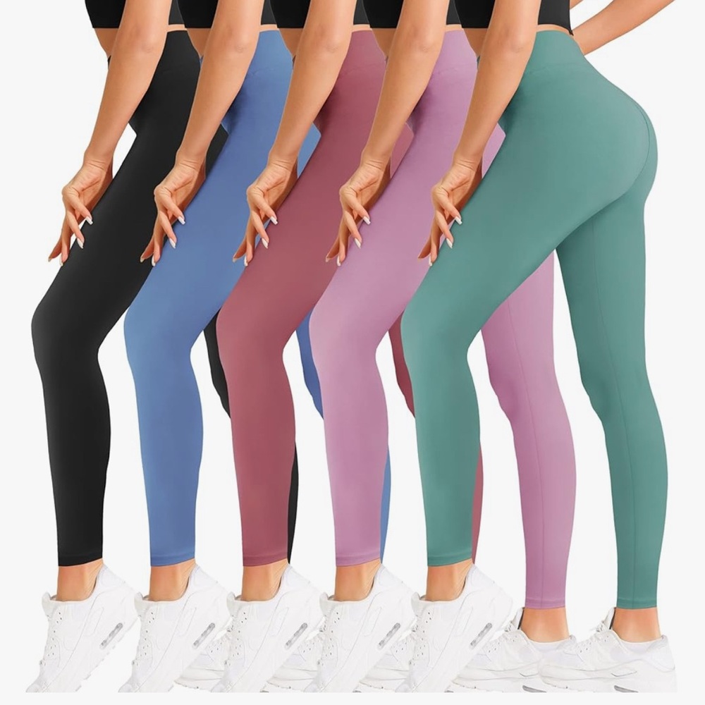 5 PACK Women's High-Waisted Leggings - Black, Blue, Pink, Lavender, Green